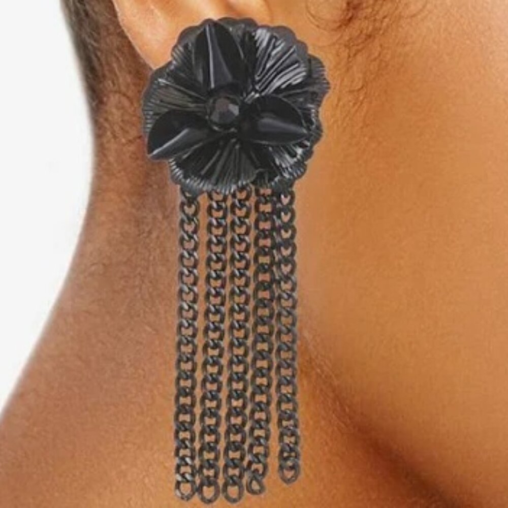 VERA WANG 2 X PAIRS Goth Black Flower/Black Crystal Gunmetal Chain Drop Earrings - Picture 5 of 5